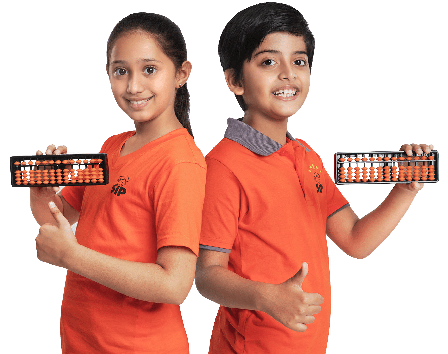 Two SIP Abacus students in orange t-shirts, each holding up an abacus